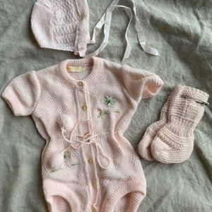 Vintage Baby Knitwear Set - Hand-Knit Style Knitwear Bundle Onesie, Bonnet Socks